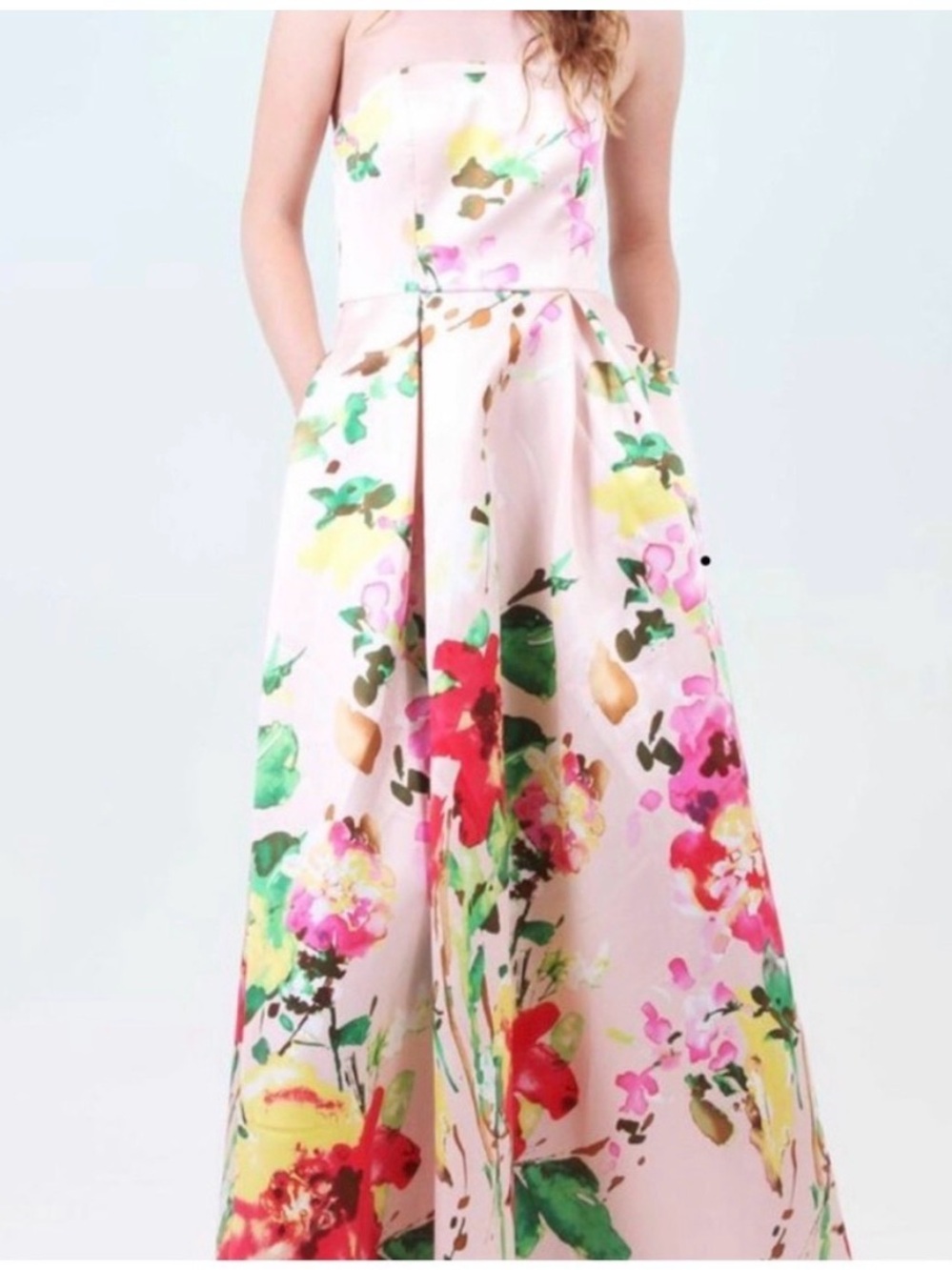 Betsy & Adam Strapless Floral Ball Gown in Blush Pink, Red, Green, Yellow